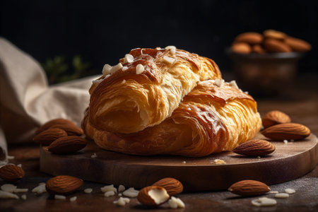 Flaky buttery croissant filled with almond paste and top with powdered sugar, almonds. AI generatedの素材