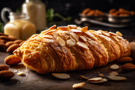 Flaky buttery croissant filled with almond paste and top with powdered sugar, almonds. AI generatedの素材