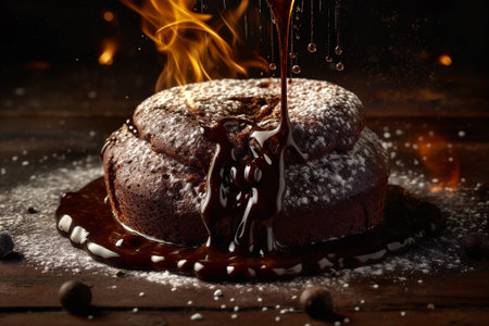 Warm and gooey chocolate lava cake with a molten center and fire on background. AI generatedの素材