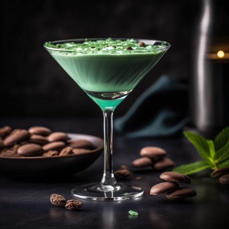Sweet and creamy Grasshopper cocktail made with creme de menthe, white creme de cacao, and heavy cream, garnished with chocolate shavings and mint leaves. AI generated.の素材