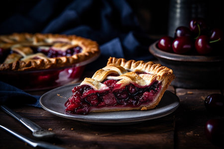 Slice of classic cherry pie with buttery crust and sweet cherry filling, topped with a lattice crust and a sprinkle of sugar on top. AI generated.の素材