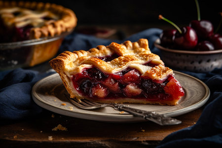 Slice of classic cherry pie with buttery crust and sweet cherry filling, topped with a lattice crust and a sprinkle of sugar on top. AI generated.の素材