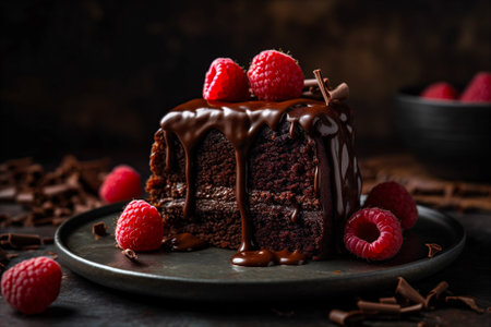Slice of decadent chocolate cake drizzled with rich ganache with chocolate shavings, powdered sugar, fresh raspberries. AI generated.の素材