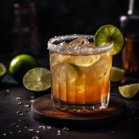 Sweet and sour Margarita cocktail made with tequila, freshly squeezed lime juice, triple sec, and touch of simple syrup, garnished with salt rim and lime wedge. AI generated.の素材