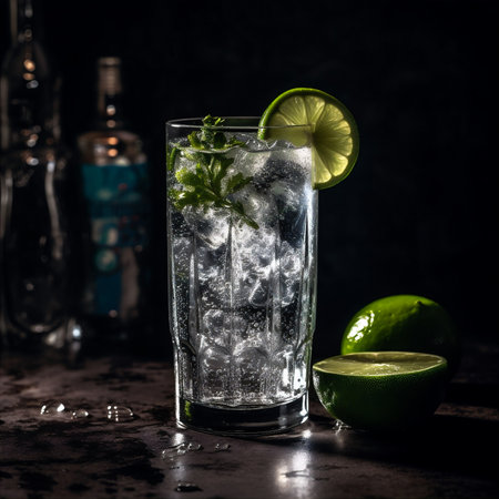 Refreshing Gin and Tonic cocktail made with gin, tonic water and squeeze of lime juice, garnished with slice of lime and sprig of fresh herbs rosemary or thyme. AI generated.の素材