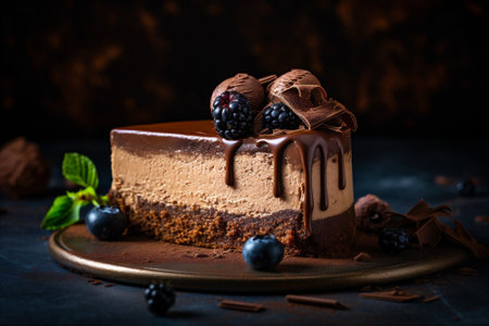 Slice of rich and creamy chocolate mousse cake with chocolate bubbles and dusting of cocoa powder on top. AI generated.の素材
