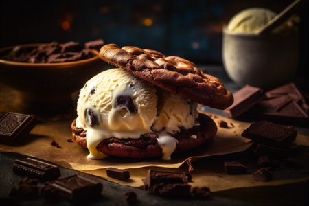 Scoop of creamy vanilla ice cream sandwiched between two chewy chocolate chip cookies, creating a delightful ice cream sandwich treat. AI generated.の素材