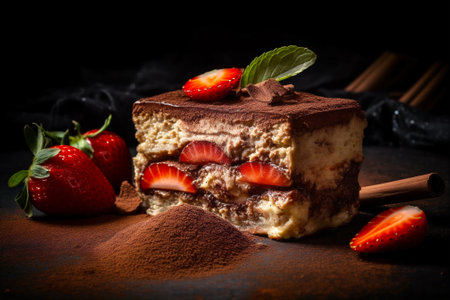 Slice of creamy velvety tiramisu dusted with cocoa powder and topped with sprinkle of chocolate curls, fresh strawberries. AI generated.の素材