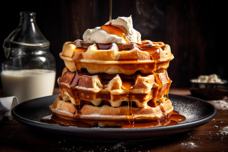 Tower of fluffy golden brown Belgian waffles with drizzle of maple syrup, dollop of whipped cream. AI generated.の素材