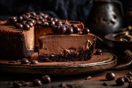 Slice of rich and creamy chocolate mousse cake with chocolate bubbles and dusting of cocoa powder on top. AI generated.の素材