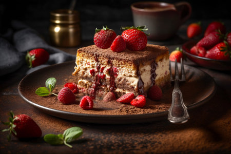 Slice of creamy velvety tiramisu dusted with cocoa powder and topped with sprinkle of chocolate curls, fresh strawberries. AI generated.の素材