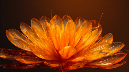 Colorful glossy abstract realistic hot yellow, orange giant flower with magic light, water drops. Generative AIの素材