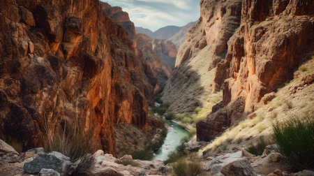 Steep canyon with jagged rocky cliffs rising on both sides of the narrow winding river. AI generated.の素材