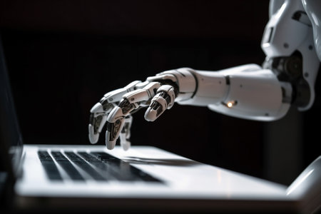 Robotic hand pressing keyboard on laptop. AI, robot, technology, future concept background. AI generatedの素材