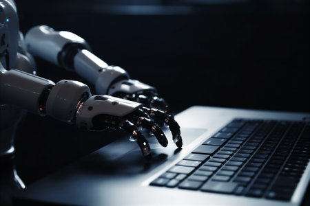 Robotic hand pressing keyboard on laptop. AI, robot, technology, future concept background. AI generatedの素材