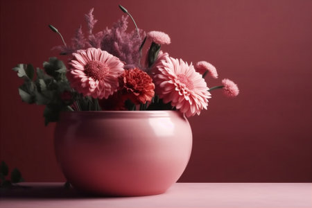 Pink pot with pink flowers bouquet with soft colors. Summer, spring cosmetics, fashion, health care mockup background. AI generatedの素材