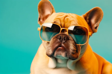Cute bulldog, puppy dog wearing color shades sunglass eyeglass isolated on retro blue background. AI generatedの素材