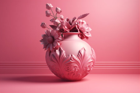 Pink bud vase with pink flowers bouquet with soft colors. Summer, spring cosmetics, fashion, health care mockup background. AI generatedの素材