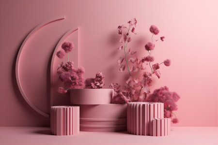 Pink radial podium with pink flowers with green leaves on pink background. Product presentation pedestal, display. Summer, spring holidays mock up. AI generatedの素材