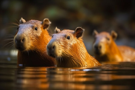 Cute family of capybaras swimming together in a tranquil pond, showcasing their adorable bond and love for water. AI generatedの素材
