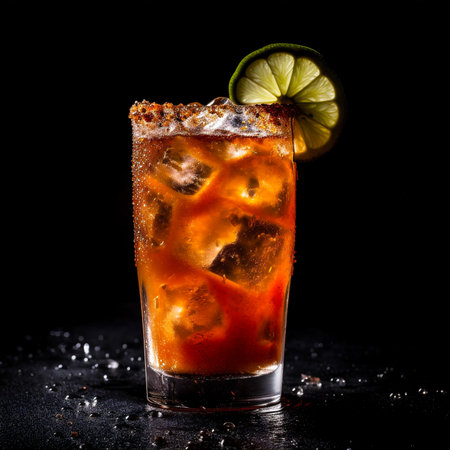 Cool mexican michelada made with blend of beer, lime juice, tomato juice, hot sauce, spices, with ice, salted rim, lime wedge and chili pepper. AI generatedの素材