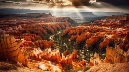 Aerial view of colourful canyon with pink, orange, violet colour layers and cinematic sun light. AI generatedの素材