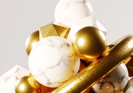 Abstract white marble and golden balls isolated on white background.の写真素材