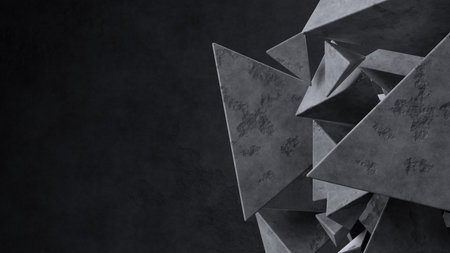 Abstract concrete triangle pyramids on dark concrete background
