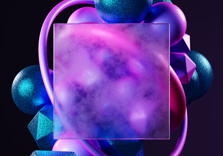 Abstract blue, pink, glass, purple geometric shapes on black background.の写真素材