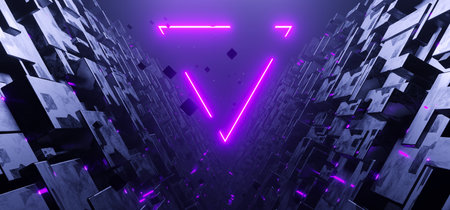 Sci-fi triangle tunnel with neon triangle sign concept backgroundの写真素材