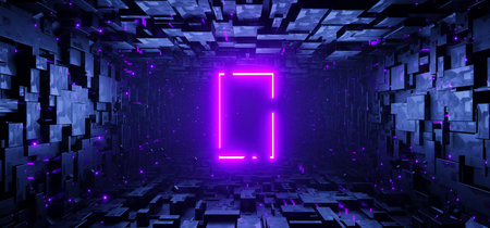 Sci-fi rectangular tunnel with neon rectangle sign concept backgroundの写真素材