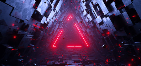 Sci-fi triangle tunnel with neon red laser triangle sign concept backgroundの写真素材