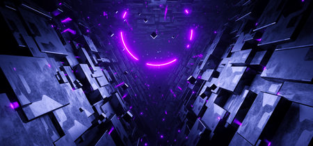 Sci-fi triangle tunnel with neon circle sign concept backgroundの写真素材