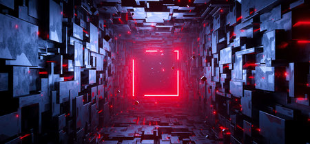 Sci-fi rectangular tunnel with neon red square sign concept backgroundの写真素材