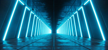 Futuristic concrete tunnel, hallway with neon cyber glowing blue linesの写真素材