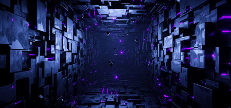 Sci-fi rectangular tunnel with neon purple square sign concept backgroundの写真素材