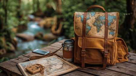 Retro brown leather backpack with a world map on wooden table. Travel, vacation, hiking vintage concept background. Generative AIの素材