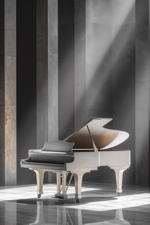 White grand piano in modern interior with grey walls and marble floor. Sunlight streams through the room. Abstract black and white monochrome minimalist background. Generative AIの素材