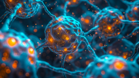 A close-up view of a neurone with dendrites extending from the cell body, highlighting the intricate structure of a nerve cell. Science, biology, medicine concept background. Generative AIの素材