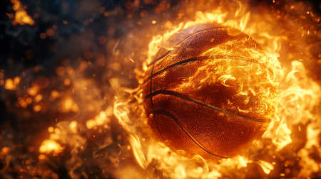 A basketball is engulfed in flames, the orange glow of the fire illuminating the textured surface of the ball. Sport concept background. Generative AIの素材