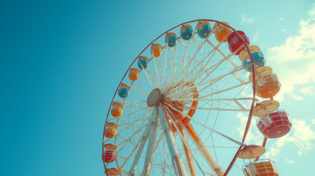 Retro brightly colored ferris wheel is silhouetted against a vibrant blue sky on a sunny day, with white clouds on background. Generative AIの素材