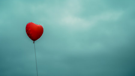 A red heart shaped balloon floats against a bright blue sky. Vintage, retro atmosphere background. Generative AIの素材