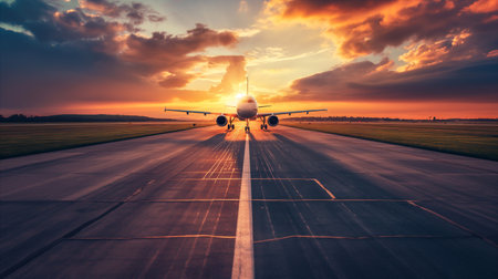 Airplane taxis down runway at sunset. The sky is ablaze with orange and purple hues, casting long shadows on the tarmac. Travel background. Generative AIの素材
