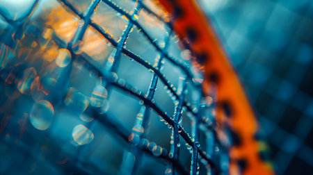 The intricate pattern of a tennis racquet's strings is captured in close-up, with the setting sun casting warm light across the frame. Tennis close up concept background. Generative AIの素材