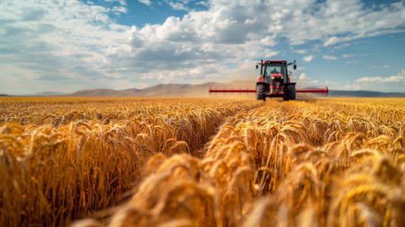 Red combine, tractor drives through a field of golden wheat, leaving a trail of dust in its wake. The sky is blue and the day is sunny. Harvest time concept background. Generative AIの素材
