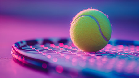Classic yellow tennis ball on pink surface, with a blurred tennis racquet in the background. Tennis sport concept background. Generative AIの素材