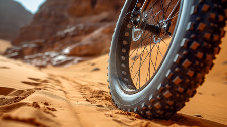 A close-up of a mountain bike tire rolling over a sandy trail at sunset on background, warm glow on the scene. Cycling sport concept background. Generative AIの素材