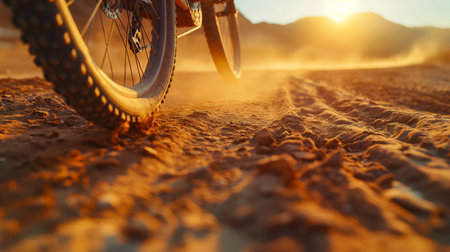 A close-up of a mountain bike tire rolling over a sandy trail at sunset on background, warm glow on the scene. Cycling sport concept background. Generative AIの素材
