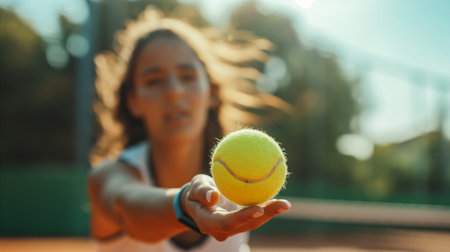 A woman player holds bright yellow classic tennis ball in her hand, on outdoor court, embodying concentration and athleticism. Tennis sport concept background. Generative AIの素材