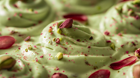 Close-up of green pistachio yogurt with swirls and a scattering of pistachio pieces on top. Abstract background with swirls and peaks of the frozen ice cream surface. Generative AIの素材